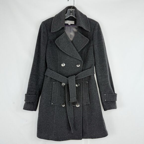 Marc New York Gray Wool Trench Coat Double Breasted Belted Women’s Size 6 Small - Picture 3 of 16